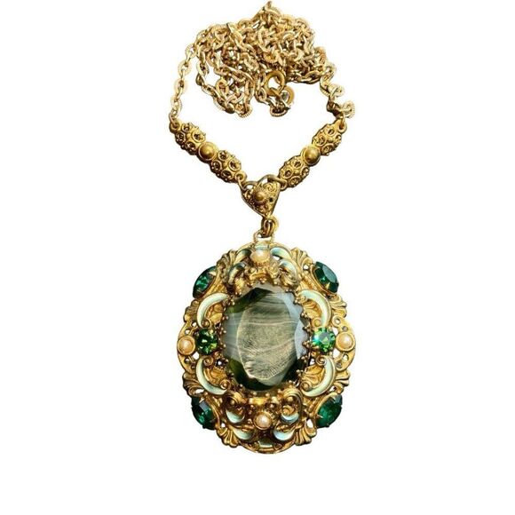 Vintage WEST GERMANY Necklace Green Rhinestone Faux Pearl...